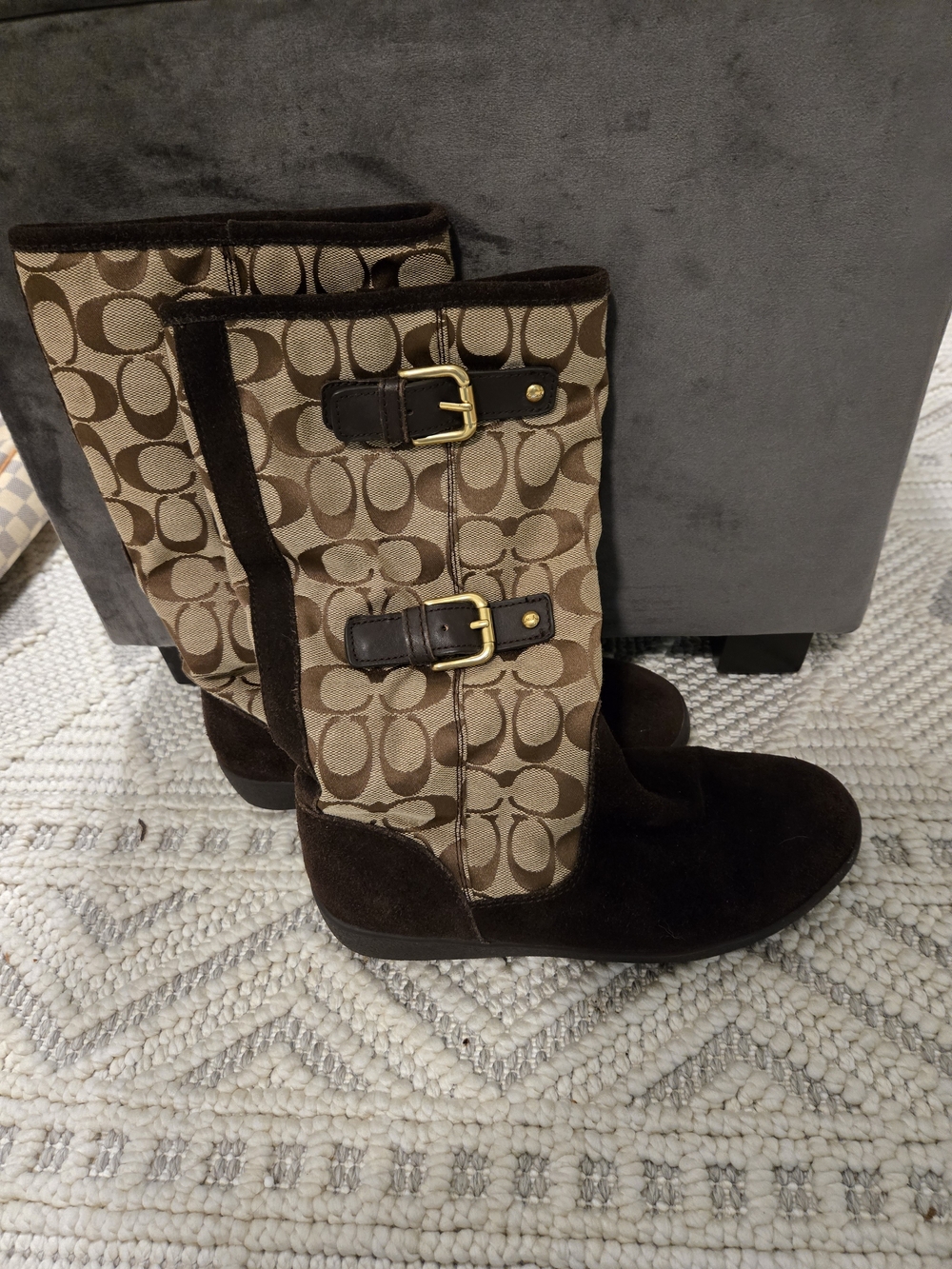 Coach Brown and Tan Signature Canvas Mid-Calf Boots